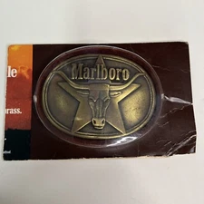 Vtg NOS SOLID BRASS Marlboro Long Horn Steer Star Belt Buckle 1987 Philip Morris
