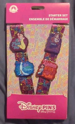 Disney Princess With Lanyard Starter 4 Pin Set Jasmine Ariel Tiana Rapunzel New!