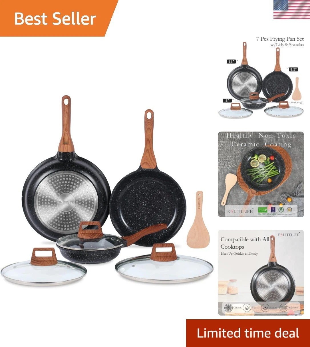 Nonstick Ceramic Frying Pans Skillets Set with Lids, Non-Toxic Egg Omelette K...