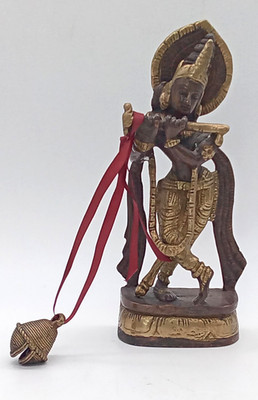Vintage Messing Statue Lord Krishna mit Flöte & Glocke