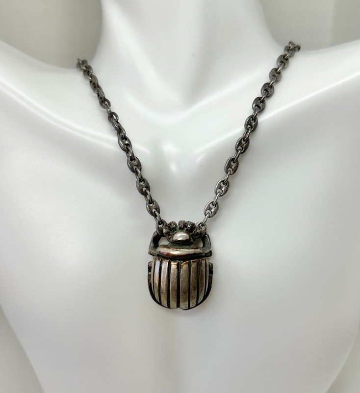 Art Deco Egyptian Revival Scarab Pendant Necklace Sterling Silver