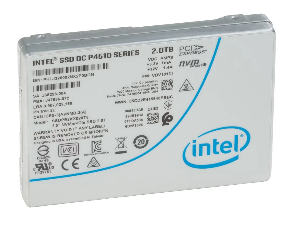 Unused Disk Intel P4510 2TB 2,5" SSD NVMe U.2 SSDPE2KX020T8 - Bild 1 von 1