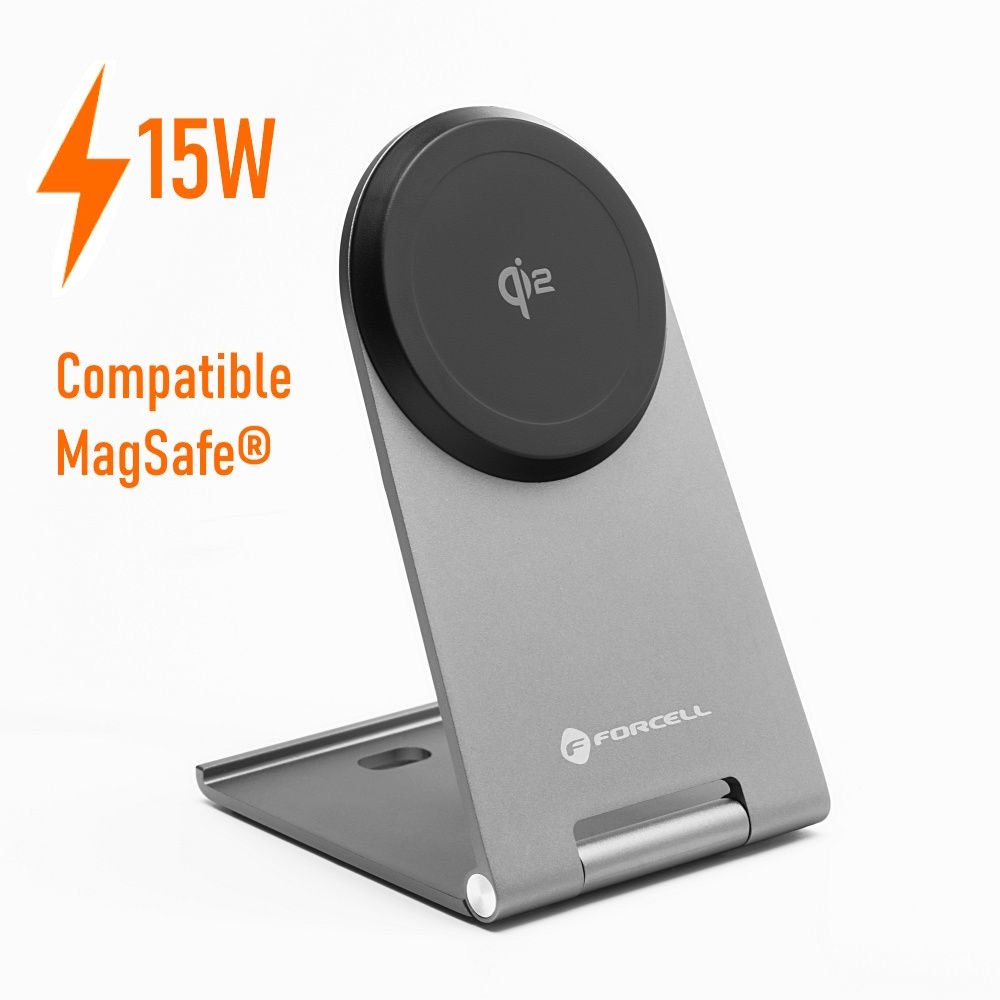 Station de charge induction Qi2 15W Forcell en aluminium avec support pliable MagSafe