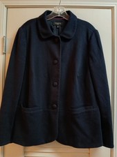 Talbots Women's Navy Blue Stretch Button Front Blazer Pleated Back Size 14W