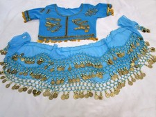 Set of Women  s Blue Solid Chiffon Gold Coins Belly Dance Hip Scarf and Top Small