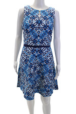Taylor Womens Cotton Geometric Sleeveless Mid-Calf A-Line Dress Blue Size 10
