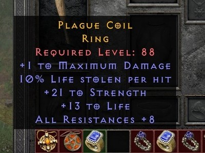 Diablo 2 Resurrected D2R: 10% life leech/21str/13life/8ll res ring -SC - PC - NL