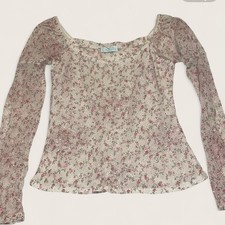 Vintage Y2K Liquid Cream Pink Floral Glitter Mesh Long Sleeve Square Neck Top