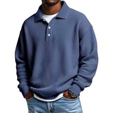 Men's Waffle-Knit Polo Shirt, Retro Solid-Color Top Long sleeve