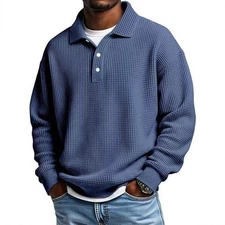 Men's Waffle-Knit Polo Shirt, Retro Solid-Color Top Long sleeve