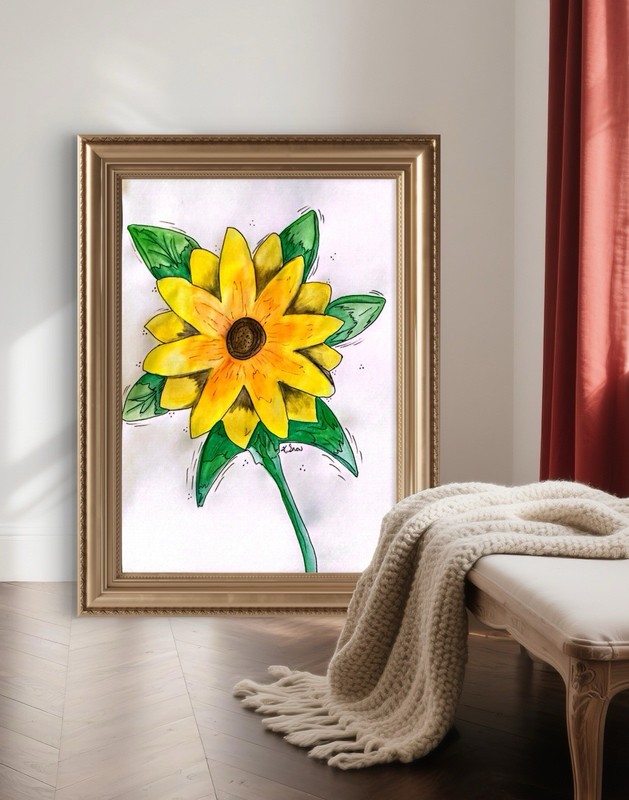 Sunflower Botanical Original Art 9x12 Watercolor Ink Painting