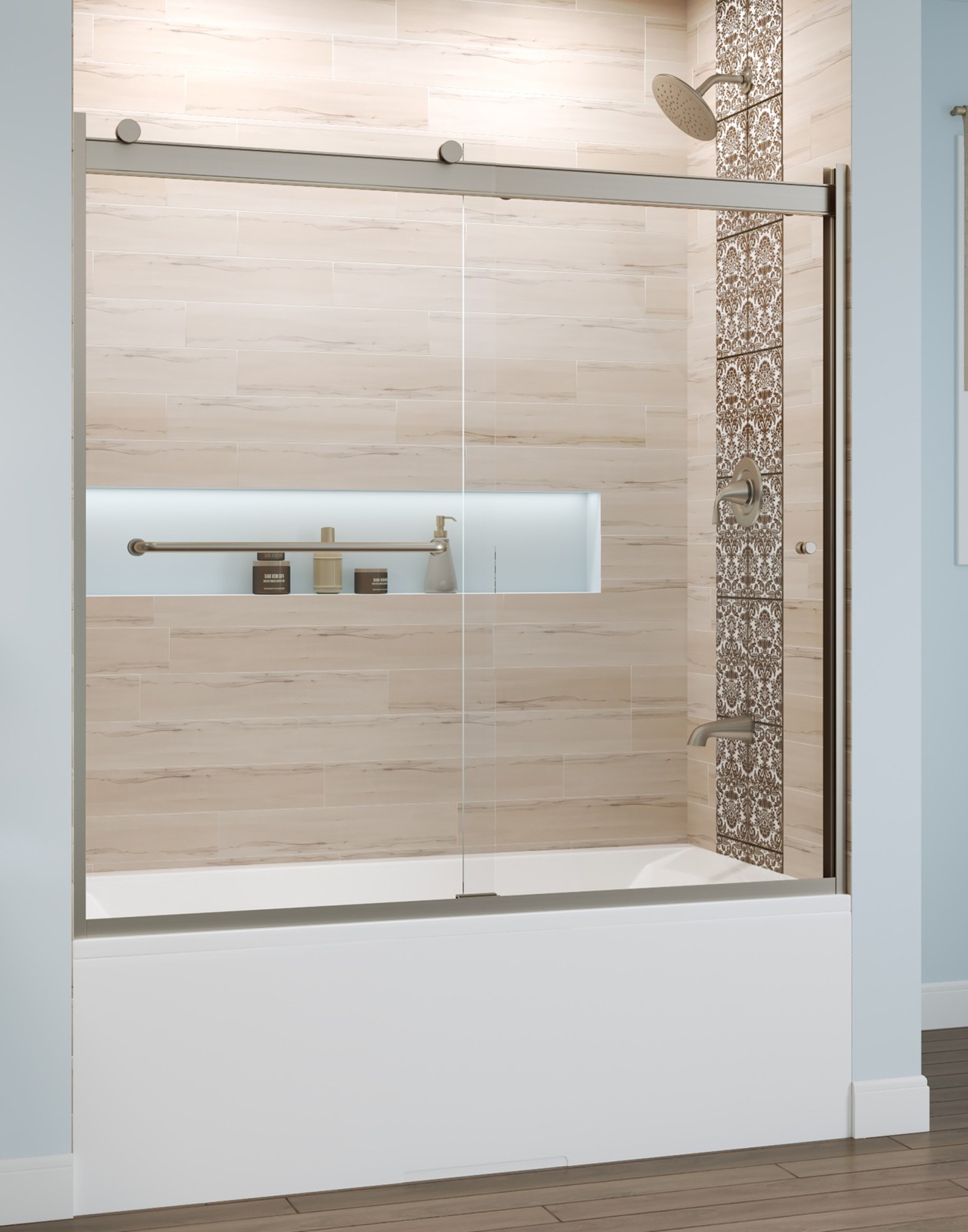 Miseno MSDREV6057CL 57-Inch Nickel Sliding Framed Tub Shower Door