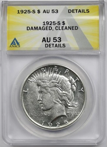 1925-S $1 ANACS AU 53 Details Damaged Cleaned Peace Dollar