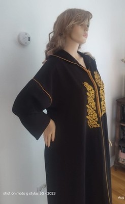 Authentic Black Moroccan Jellaba  with Gold Embroidery   Hooded Traditional Robe