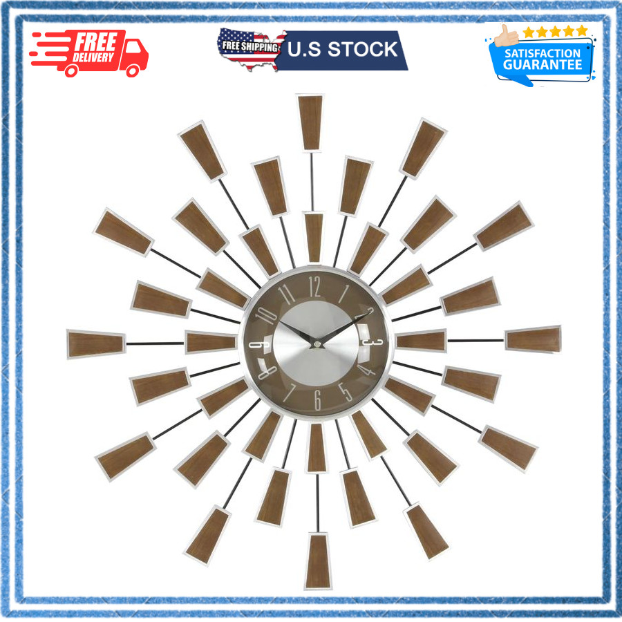 Large Starburst Wall Clock Metal Analog Mid Century Modern Vintage Style Decor
