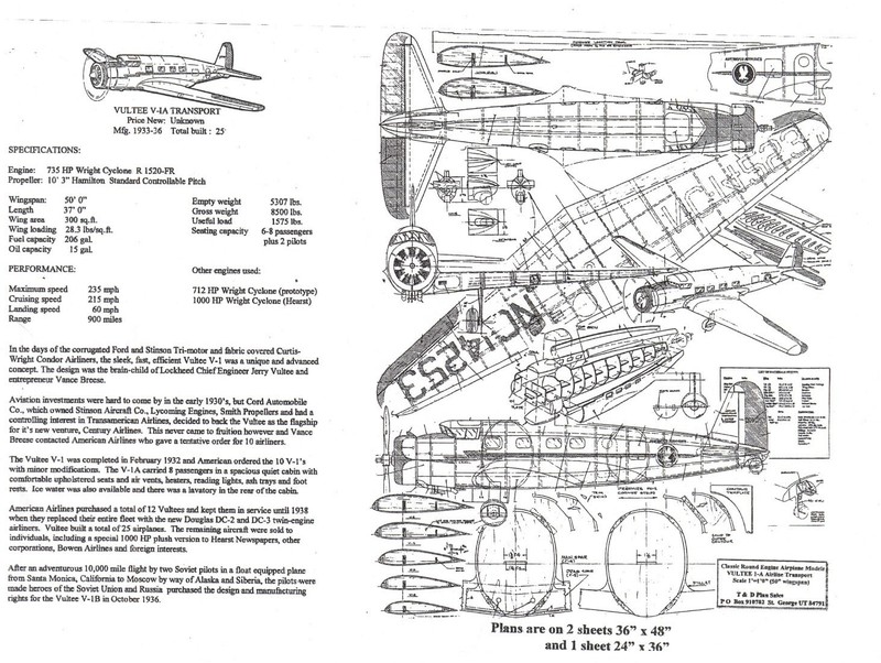 1/12 Scale Vultee V1A , V1B Airliner (50") PLANS TEMPLATES AND INSTRUCTIONS