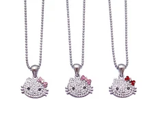 SMALL HELLO KITTY PENDANT CHARM NECKLACE PINK RED CRYSTAL SILVER TONE