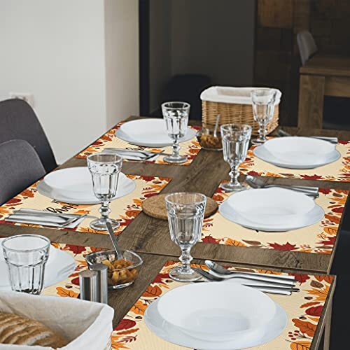 Thanksgiving Placemats Set of 4 Fall Pumpkin Maple Leaves PVC Placemats Yellow - Picture 7 of 8