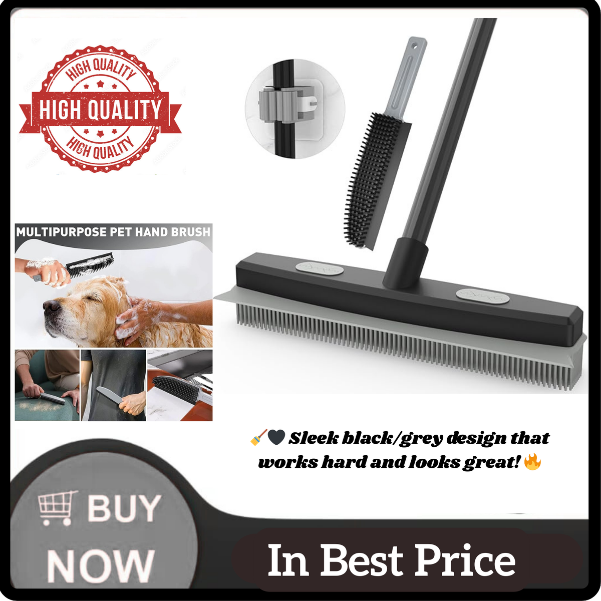 Rubber Broom Carpet Rake for Pet Hair Removal, Fur Remover Broom with