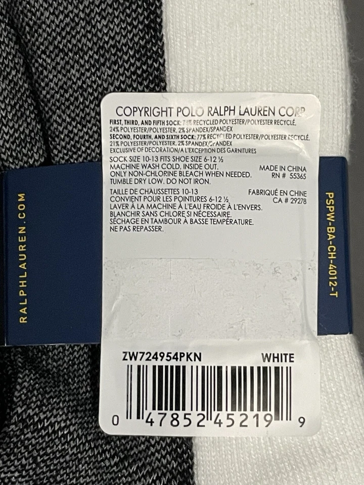 Paquete de 6 calcetines de cuarto de mezcla de algodón blancos Polo Ralph Lauren para hombre ZW724954PKN nuevos con etiquetas Foto 4 de 4