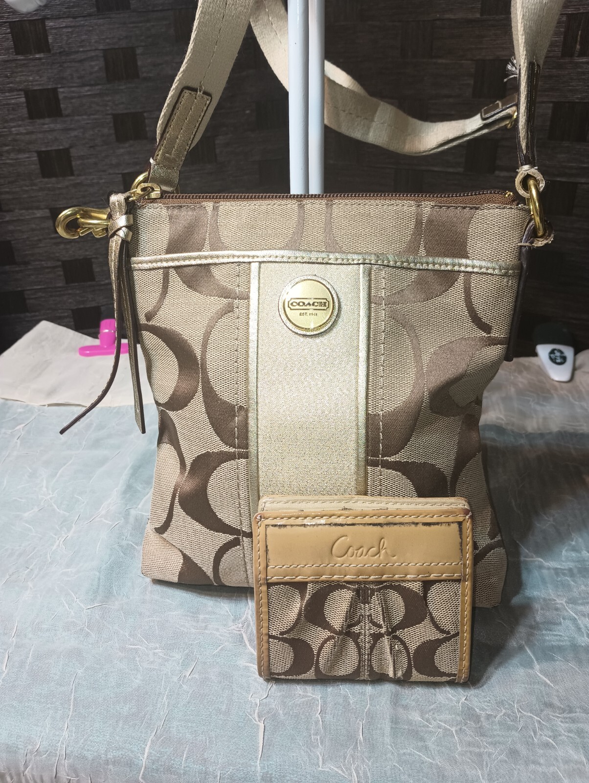 Coach Signature Tan & Gold Crossbody Bag with Matching Wallet