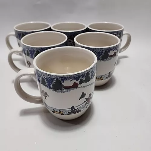 Lot Of 6 - Vintage Tienshan Folkcraft Stoneware WINTERSIDE Coffee Mugs
