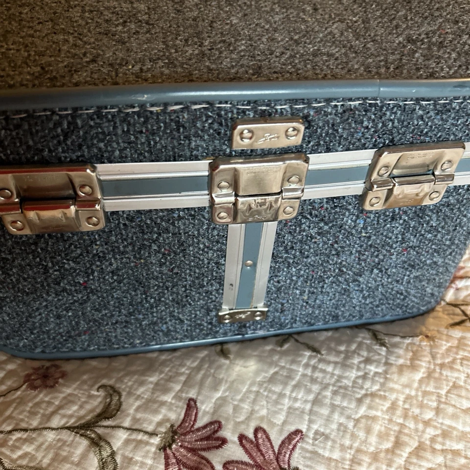 复古蓝色粗花呢 Skyway 火车盒化妆/化妆品盒 — 第 3/4 张图片