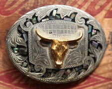 Vintage Hand Made Abalone Inlay Bull Longhron Steer Western Belt Buckle