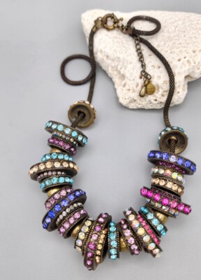 Bebe Multicolor Crystal Disc Bronze Toned Chain Necklace - MISSING 1 CRYSTAL