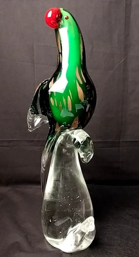 Large 14" Murano Style Art Glass Parrot Vintage Green w/ Gold Nearly Perfect!!!