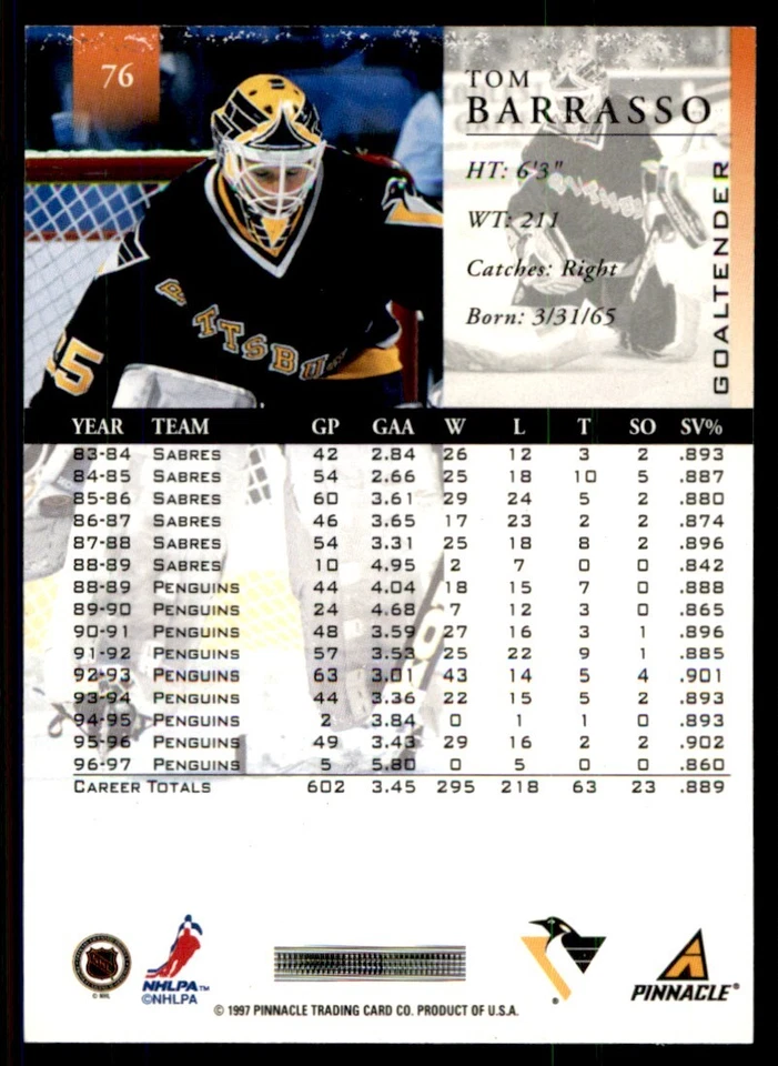 1997-98 Pinnacle Tom Barrasso Pittsburgh Penguins #76 - Image 2 of 2