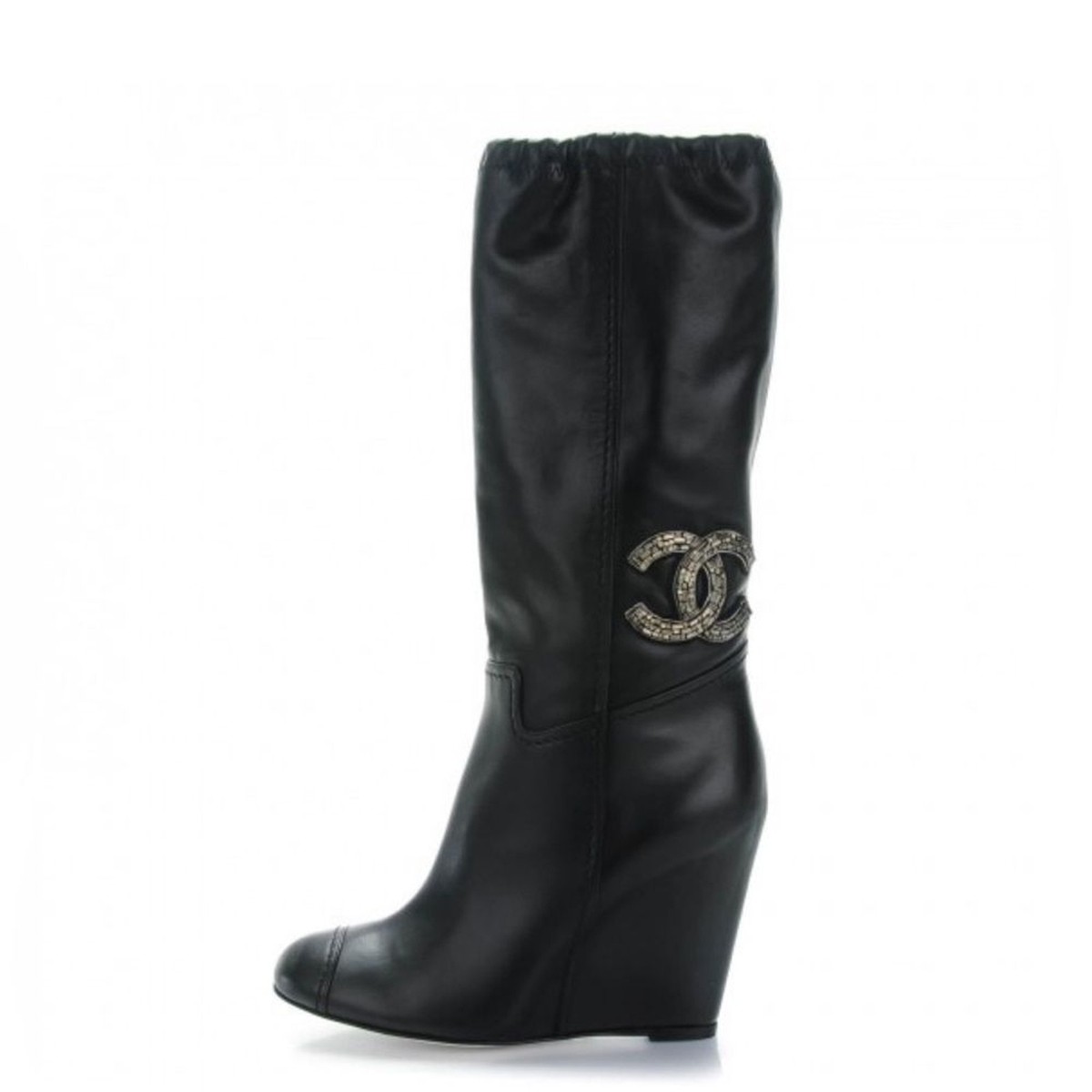 Chanel CC Crystal Embellished Black Leather Wedge Heel Calf Chanel CC Crystal Embellished Black Leather Wedge Heel Calf