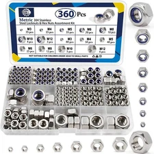 360 Pack Metric Hex Nuts & Locknuts Kit Stainless Steel with Nylon Insert