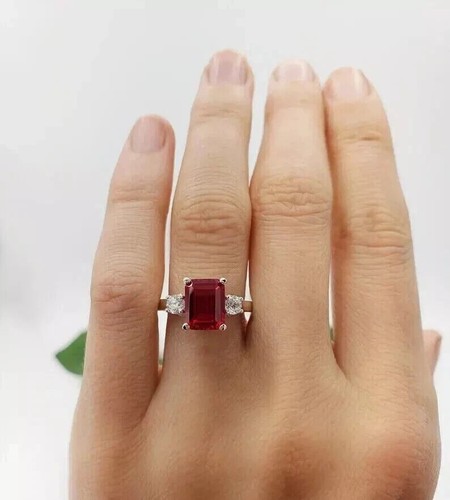 4.40 Ct Emerald Cut Natural Ruby Diamond Engagement Ring 14K White Gold Solid - Picture 5 of 6