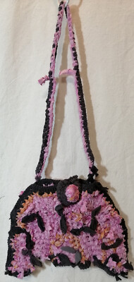 Häkel Tasche (13) Handarbeit UNIKAT Upcycling Wolle Pink Grau Stoff + Strumpfh.