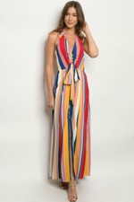 Yellow Stripe Maxi Dress Size Large Retro Collared Button and Tie Front Detail 