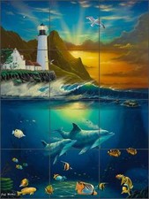 Ceramic Tile Mural Backsplash Wilkie Seascape Lighthouse Dolphin Art POV-JWA034