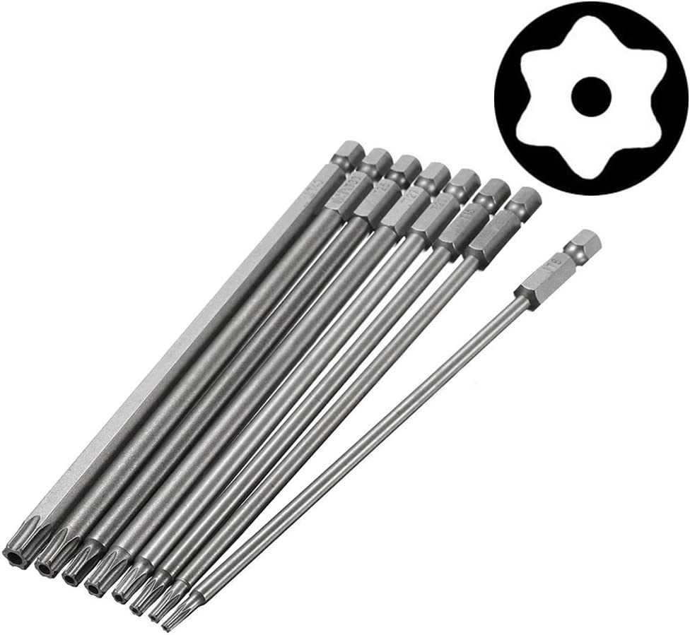 8Pcs 1/4 Inch Hex Shank T8-T40 Magnetic Torx Screwdriver Bit Set