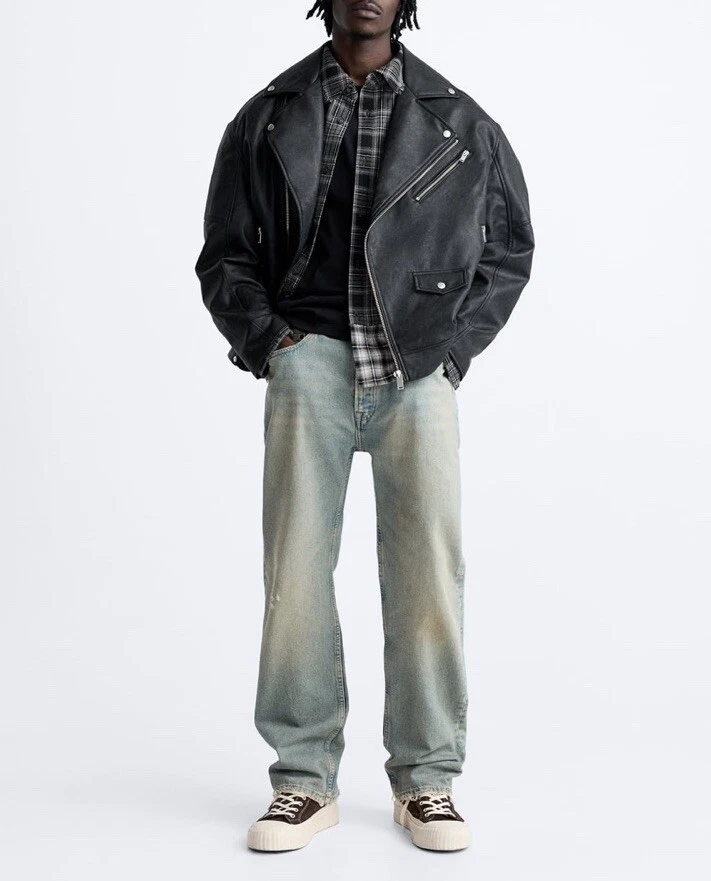 CHAQUETA DE MOTOCICLISTA DE CUERO SINTÉTICO ZARA PARA HOMBRE COLOR NEGRO S-XL NUEVA CON ETIQUETAS