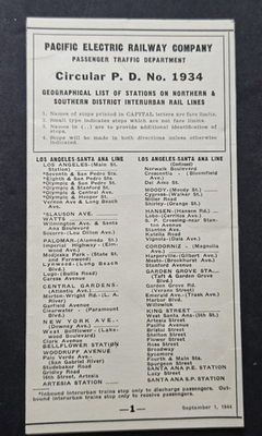#ad #ad 1944 Pacific Electric Railway Circular P.D. 1934 Station List $25.00