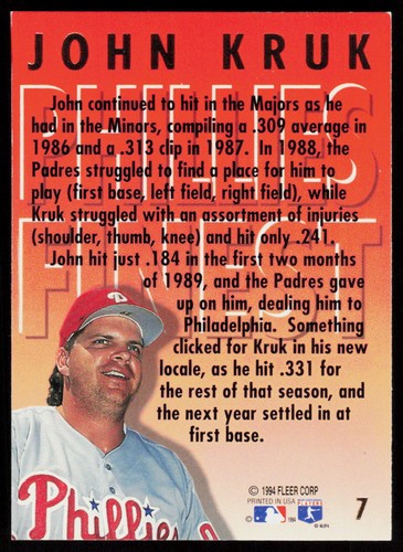 1994 Ultra John Kruk #7 BASEBALL CARD Philadelphia Phillies Phillies Finest - Picture 2 of 2