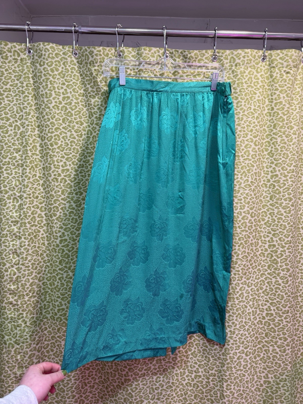 Vintage Argenti 100% Silk Pencil Skirt Teal Green Floral Midi Retro Sz 14