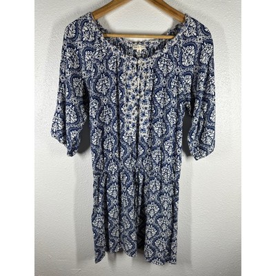 Hem & Thread Dress Womens M Blue Damask Paisley Boho Button Front 3/4 Sleeve