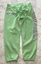 Y2K PINK Victoria s Secret MY FAVORITE SWEATS Dog Green Cropped Sweatpants small