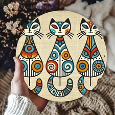 Cute Animal Cat Painting Round Metal Sign Wall Decoration