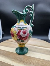 Vintage Italian Hand Painted Pottery Ewer Jug Pitcher With Handle Vase Creamer