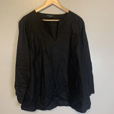Ralph Lauren Women 1X 100% Linen Black Split Neck Long Sleeve Tunic RLR Coastal