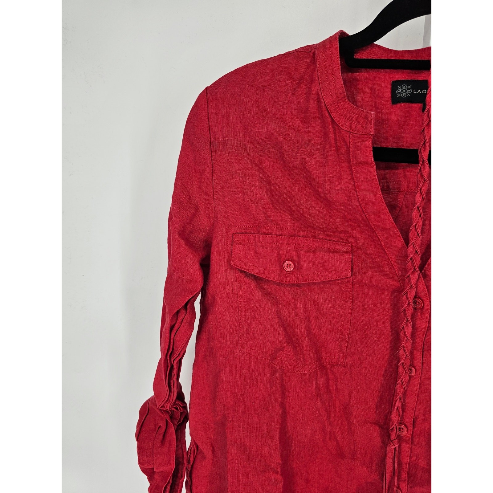 Lady Hathaway Womens Sz L Long Sleeve 100% Linen Button Up Tunic Shirt Red