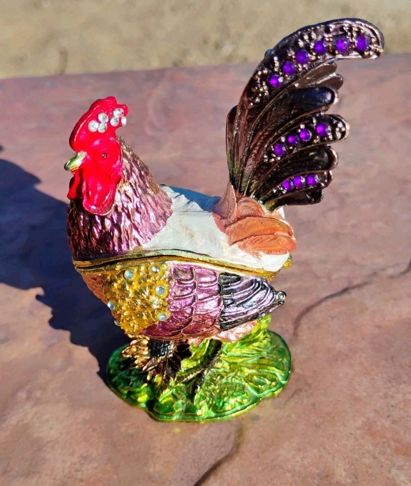 Colorful Bejeweled Rooster Trinket Box with Gold Tone & Enamel Interior