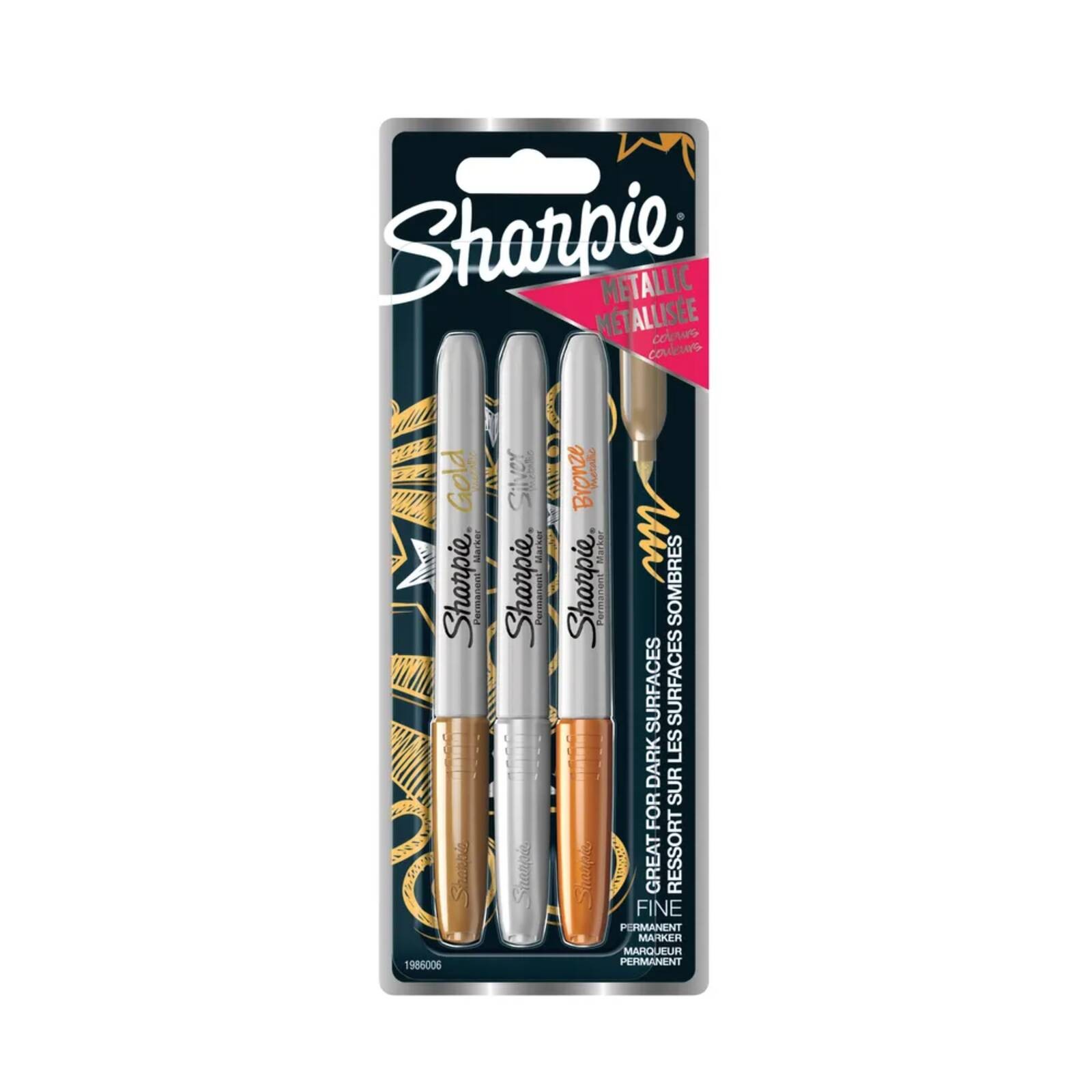 Sharpie Metallic  Gold, Sliver and Bronze Permanent Marker Fine Pack of 3